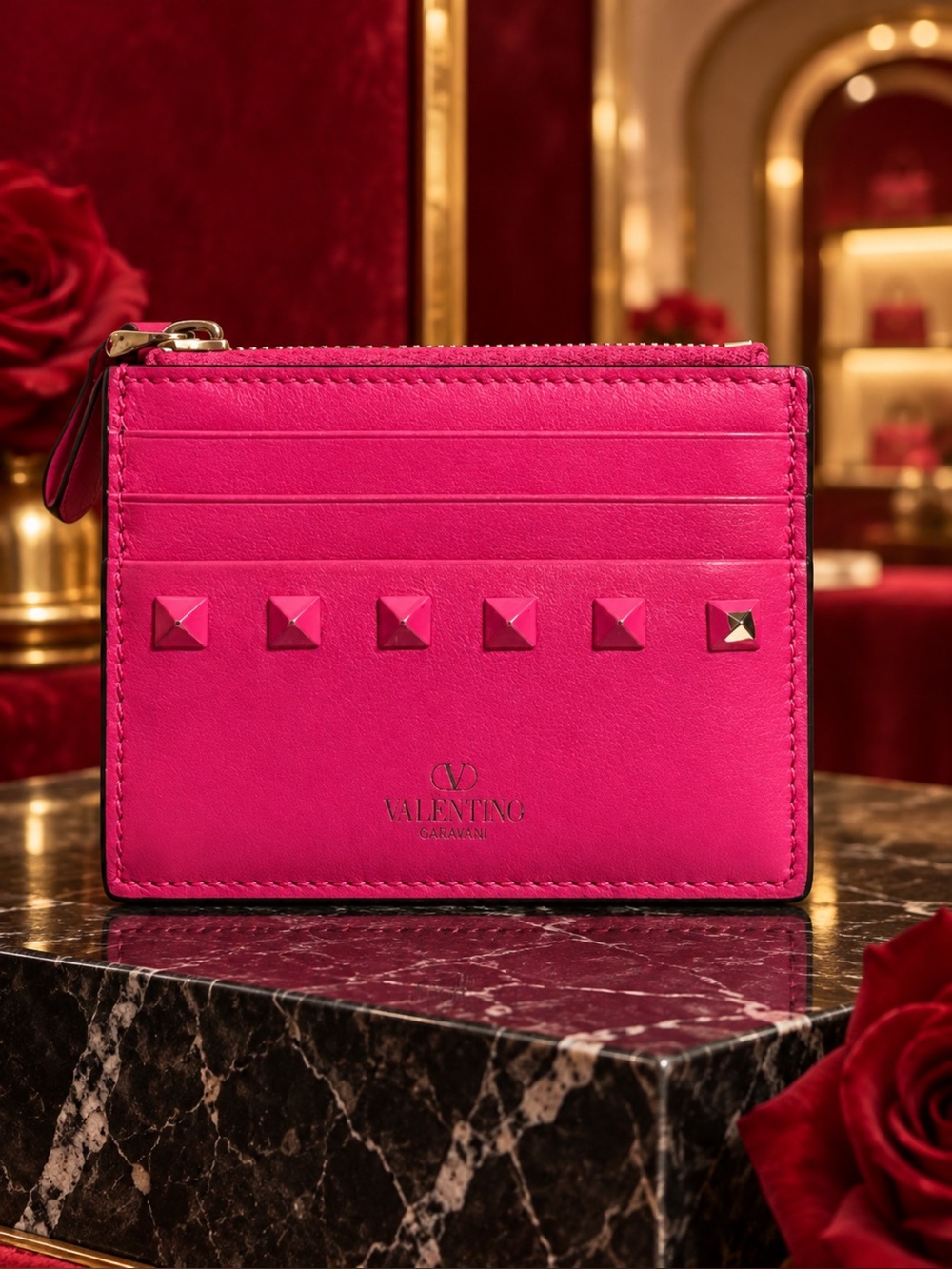 Valentino Garavani Fuchsia Rockstud Card Holder Wallet